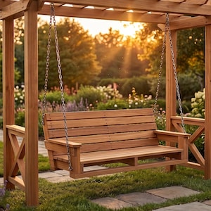 Puede incluir: Un banco columpio de madera suspendido de una pérgola de madera. El banco está hecho de listones de madera horizontales y cuelga de cadenas de metal. La pérgola tiene un marco rectangular con soportes cruzados decorativos. El fondo presenta un jardín con flores y árboles.