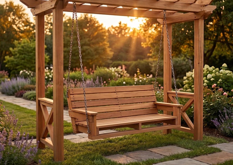 Puede incluir: Un banco columpio de madera suspendido de una p&eacute;rgola de madera. El banco est&aacute; hecho de listones de madera horizontales y cuelga de cadenas de metal. La p&eacute;rgola tiene un marco rectangular con soportes cruzados decorativos. El fondo presenta un jard&iacute;n con flores y &aacute;rboles.
