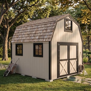 May include: A beige wooden storage shed with a gambrel roof covered in cedar shingles. The structure features black trim, two side windows, a small loft window, and double doors with an X-pattern design. A wheelbarrow and hose are nearby.