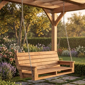 Puede incluir: Un banco columpio de madera suspendido de una p&eacute;rgola de madera por cadenas met&aacute;licas. El banco tiene respaldo y asiento de listones, con reposabrazos. El jard&iacute;n circundante presenta exuberante vegetaci&oacute;n, flores y un sendero de piedra. La madera tiene un acabado natural.