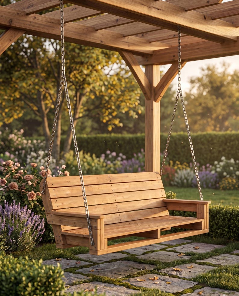 Puede incluir: Un banco columpio de madera suspendido de una p&eacute;rgola de madera por cadenas met&aacute;licas. El banco tiene respaldo y asiento de listones, con reposabrazos. El jard&iacute;n circundante presenta exuberante vegetaci&oacute;n, flores y un sendero de piedra. La madera tiene un acabado natural.