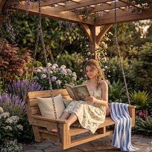 Puede incluir: Un banco columpio de madera cuelga de una p&eacute;rgola de madera, rodeado de exuberante vegetaci&oacute;n y flores. Una persona est&aacute; sentada en el columpio, leyendo un libro. Una manta a rayas azules y blancas est&aacute; sobre el banco.