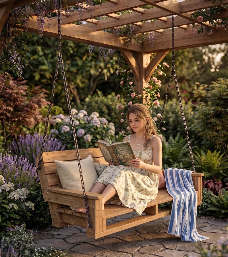 Puede incluir: Un banco columpio de madera cuelga de una p&eacute;rgola de madera, rodeado de exuberante vegetaci&oacute;n y flores. Una persona est&aacute; sentada en el columpio, leyendo un libro. Una manta a rayas azules y blancas est&aacute; sobre el banco.