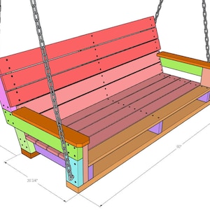 Puede incluir: Un columpio de madera multicolor con respaldo y reposabrazos, suspendido por cadenas. El columpio mide 152 cm de ancho, 59 cm de alto y 53 cm de profundidad. La madera est&aacute; pintada en tonos de rojo, rosa, verde y morado.