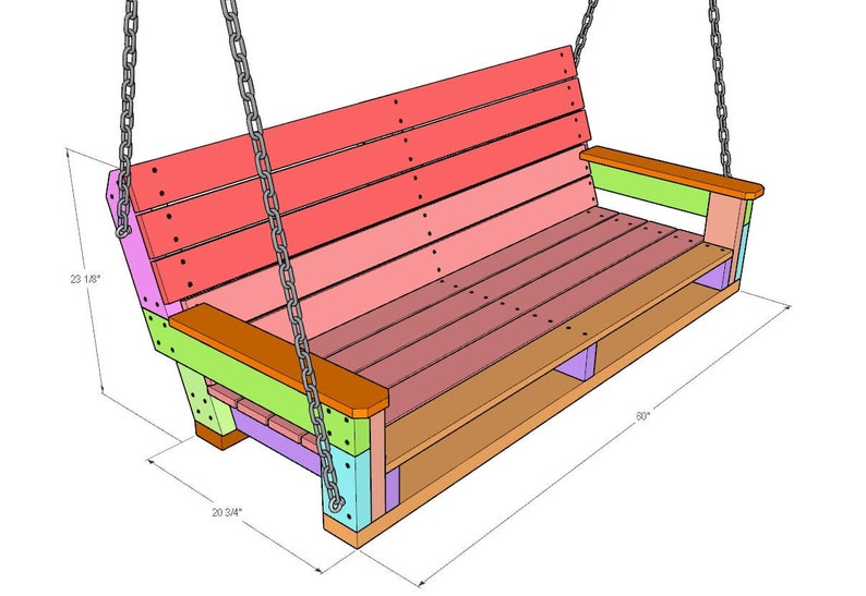 Puede incluir: Un columpio de madera multicolor con respaldo y reposabrazos, suspendido por cadenas. El columpio mide 152 cm de ancho, 59 cm de alto y 53 cm de profundidad. La madera est&aacute; pintada en tonos de rojo, rosa, verde y morado.