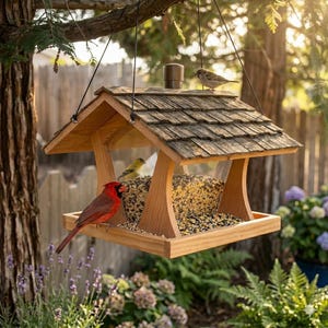 Puede incluir: Un comedero para pájaros de madera con tejado de tejas, colgado de una rama. Un cardenal rojo y un pájaro amarillo están posados en el comedero, que está lleno de alpiste. Un pequeño pájaro marrón está en el tejado.