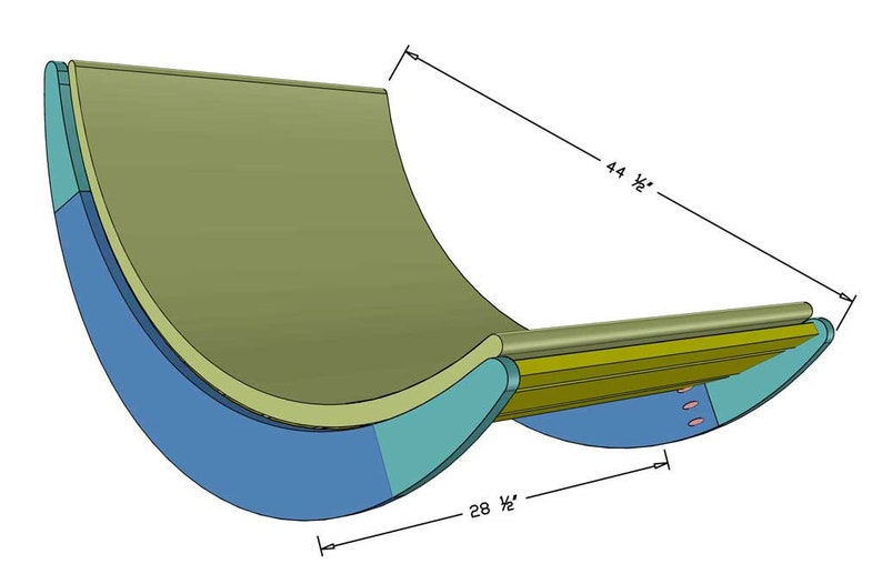 Puede incluir: Una silla mecedora de madera curvada con un asiento verde claro y detalles azules y verdes. La silla mide 113 cm de largo y 72 cm de ancho.