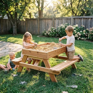 Puede incluir: Un arenero de madera con bancos adjuntos, lleno de arena, está rodeado de niños jugando con juguetes de arena. El arenero está situado en un césped con una valla de madera y árboles al fondo. Los niños usan cubos y palas.