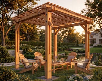 May include: A wooden pergola with a slatted roof stands in a lush garden setting. Four wooden Adirondack chairs with beige cushions surround a small table. The scene is bathed in warm sunlight, creating a relaxing outdoor space.