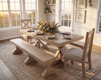 Planos para construir un juego de mesa de comedor estilo rústico (solo descarga en PDF) – Planos de carpintería para mesa, banco y sillas / Guía paso a paso para la construcción de muebles