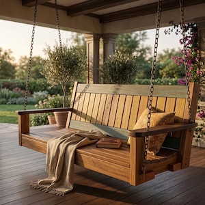May include: A wooden porch swing with a natural finish, suspended by chains. The swing has a slatted seat and backrest, with a light brown throw blanket and a decorative cushion. The background includes greenery and a porch setting.