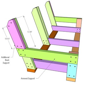 Puede incluir: Un diagrama de una silla de madera con dimensiones en pulgadas. El dise&ntilde;o de la silla presenta un marco verde claro, soportes de asiento morados y soportes de respaldo rosas. El soporte trasero mide 24.9 cm de alto y la parte trasera mide 31.4 cm de largo.
