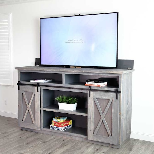 DIY Farmhouse Media Console With TV lift Plans [Media Center Cabinet, Barn Door Entertainment Center, TV lift Cabinet, Hidden tv Stand]