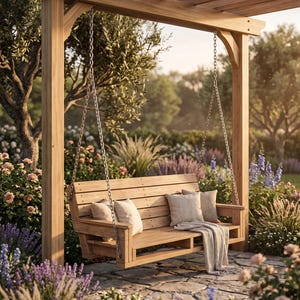 Puede incluir: Un banco columpio de madera con tres cojines beige y una manta gris cuelga de una p&eacute;rgola de madera por cadenas met&aacute;licas. La escena est&aacute; ambientada en un jard&iacute;n con flores y &aacute;rboles.