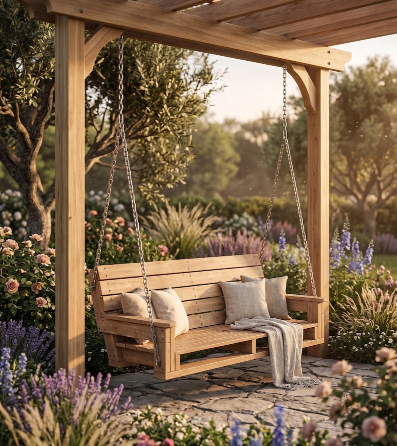 Puede incluir: Un banco columpio de madera con tres cojines beige y una manta gris cuelga de una p&eacute;rgola de madera por cadenas met&aacute;licas. La escena est&aacute; ambientada en un jard&iacute;n con flores y &aacute;rboles.