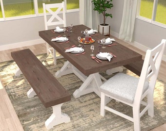 DIY Farmhouse Dining Table Set with Bench and a Chair Plan [Kitchen Table and Chair Plans, Farmhouse furniture plans, Bench and Table ]