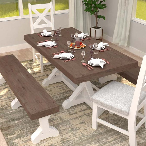 DIY Farmhouse Dining Table Set with Bench and a Chair Plan [Kitchen Table and Chair Plans, Farmhouse furniture plans, Bench and Table ]