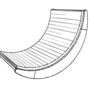 Puede incluir: Un dibujo en blanco y negro de una mecedora de madera. La silla es curva y tiene un respaldo y un asiento de listones.