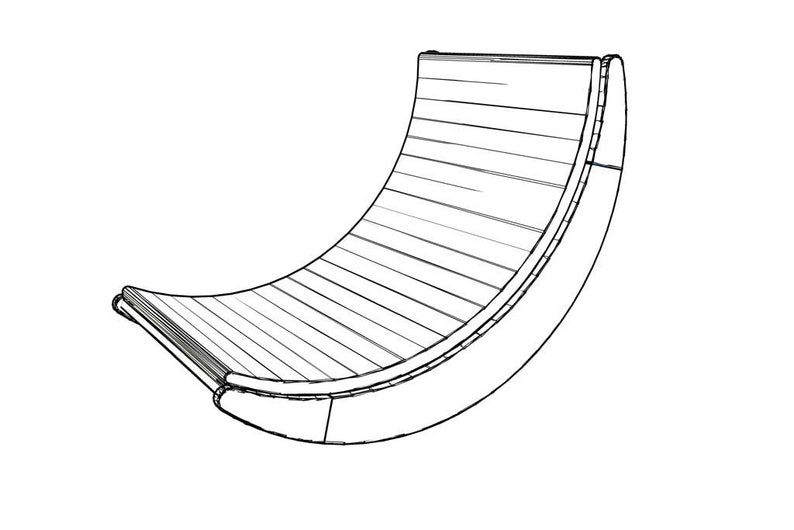 Puede incluir: Un dibujo en blanco y negro de una mecedora de madera. La silla es curva y tiene un respaldo y un asiento de listones.