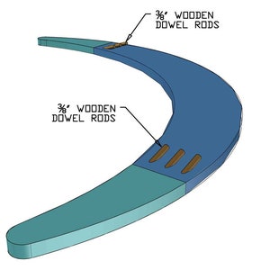 Puede incluir: Una estructura de madera curvada con dos secciones de diferentes colores azules. La secci&oacute;n superior tiene tres clavijas de madera de 3/8 pulgadas insertadas en ella. La secci&oacute;n inferior tiene una clavija de madera de 3/8 pulgadas insertada en ella. El texto "3/8" WOODEN DOWEL RODS" est&aacute; escrito en la imagen.
