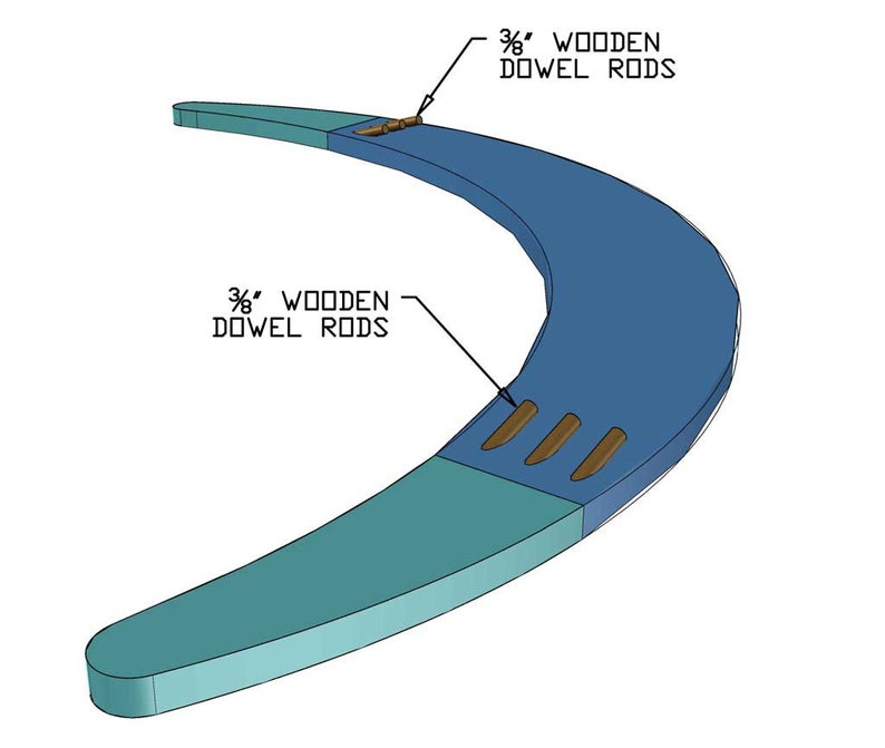 Puede incluir: Una estructura de madera curvada con dos secciones de diferentes colores azules. La secci&oacute;n superior tiene tres clavijas de madera de 3/8 pulgadas insertadas en ella. La secci&oacute;n inferior tiene una clavija de madera de 3/8 pulgadas insertada en ella. El texto "3/8" WOODEN DOWEL RODS" est&aacute; escrito en la imagen.