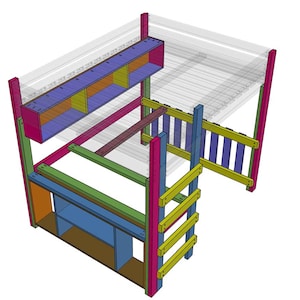 May include: A multi-colored loft bed frame with a built-in desk and storage. The frame is constructed from wood and features a ladder, guardrails, and multiple shelves. The color scheme includes pink, green, blue, yellow, and orange.