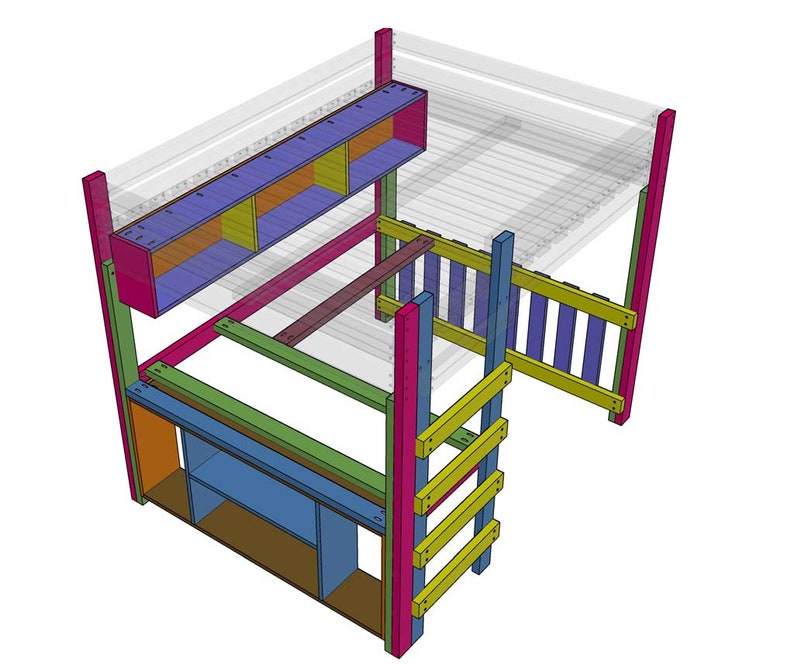 May include: A multi-colored loft bed frame with a built-in desk and storage. The frame is constructed from wood and features a ladder, guardrails, and multiple shelves. The color scheme includes pink, green, blue, yellow, and orange.