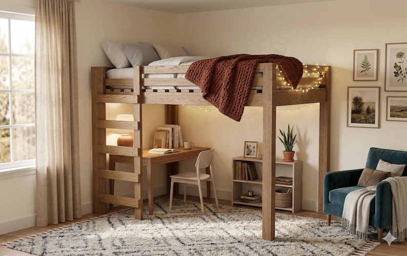 May include: A wooden loft bed with a desk and ladder. The bed is made of light-colored wood and has a brown knitted blanket. A small desk and chair are positioned beneath the bed. The room has a rug, a blue armchair, and framed artwork.