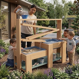 Puede incluir: Una mesa de agua y arena de madera con múltiples niveles y recipientes de plástico azul. Niños y un adulto interactúan con la mesa, vertiendo agua y jugando con arena. La mesa está al aire libre, rodeada de vegetación.