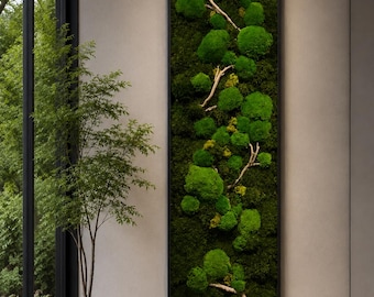 Vertikale erhaltene Moos-Wandkunst, luxuriöses biophiles Wanddekor, gerahmtes Waldmoos-Kunstwerk, modernes organisches Innendekor, Zen-Dekor
