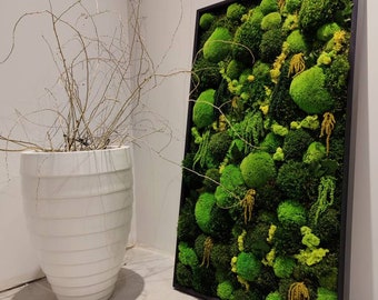 May include: A black framed wall art piece featuring a green moss wall with different textures and shades of green. The moss is arranged in a variety of shapes and sizes, creating a natural and organic look.
