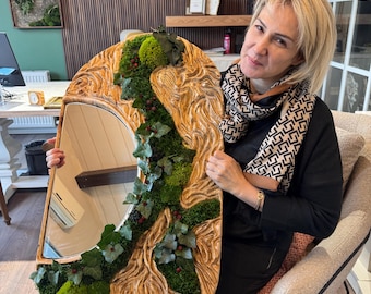 Preserved Moss Wall Mirror with Carved Wood Frame, Nature Inspired Organic Mirror Art, Handmade Moss Mirror, Bohem Botanical Wall Decor
