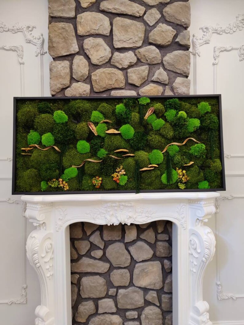 May include: A framed moss wall art piece with a black frame and a variety of green moss textures. The moss is arranged in a natural, organic pattern with some dried grasses and branches.