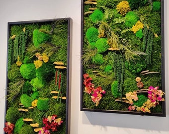 Peut inclure: Deux tableaux muraux en mousse encadrés avec des cadres noirs. La mousse est verte et brune avec des fleurs jaunes et rouges.