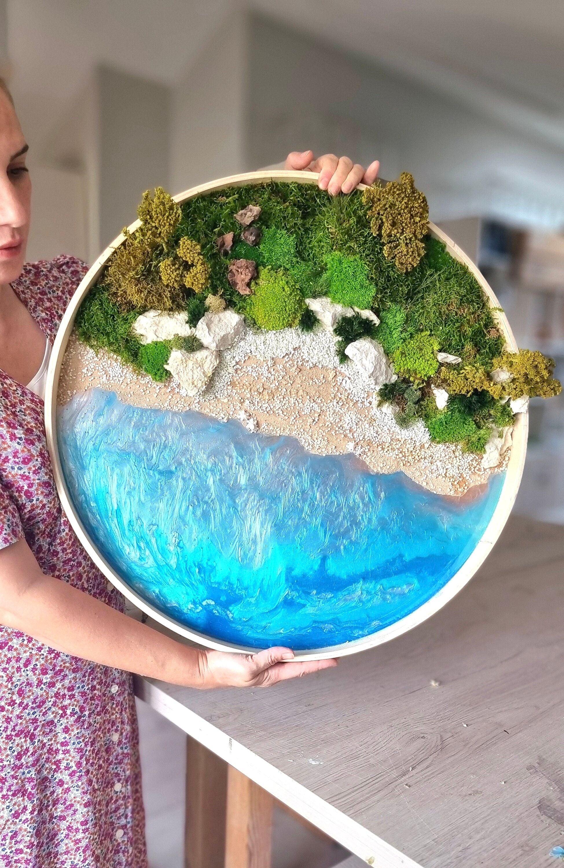 Beach Wave Resin Wall Art | Handmade Coastal Moss Decor | Ocean