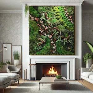 Moss wall art decorated with flowers, Preserved moss wall art,Large wall decor, Green Day, Modern art wall, Botanical Art frame, luxury wall
