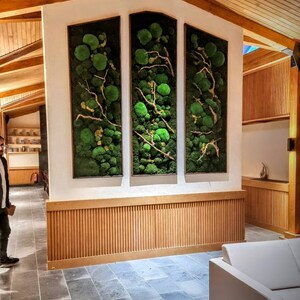 Op de afbeelding: Drie ingelijste verticale wandkunstwerken met groen mos en takken. De moskunst is geplaatst tegen een witte muur met een houten rand. De kamer heeft een modern design met houten balken en een grijze tegelvloer.