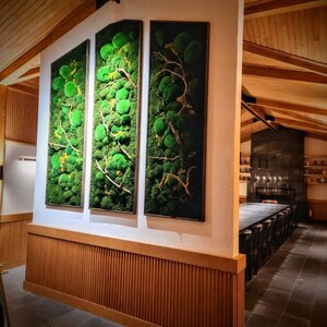 Op de afbeelding: Drie ingelijste verticale wandkunstwerken met levendig groen mos en takken. De kunstwerken worden tentoongesteld op een witte muur met een houten rand. De kamer heeft een rustieke, natuurlijke uitstraling met houten balken en een lange tafel.