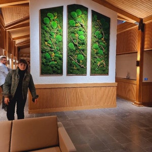 Op de afbeelding: Drie verticale rechthoekige wandkunstwerken met een groen mosontwerp en houten frames. Het mos heeft een mix van groene en gele tinten, met dunne takken. De kunst is gemonteerd op een witte muur boven een houten paneel. De kamer heeft een houten plafond en een betegelde vloer.