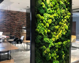 Groot wanddecoratiepaneel van geconserveerd mos: op maat ingelijst groen wandpaneel voor kantoor en thuis