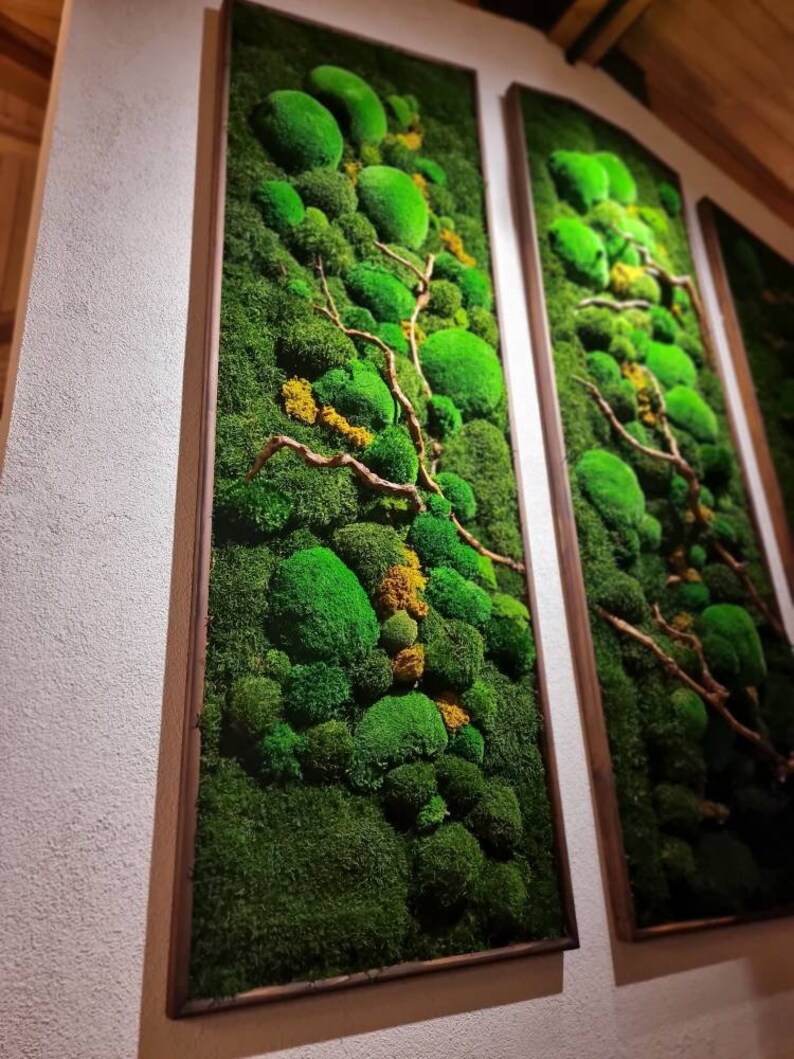 Op de afbeelding: Drie verticale wandkunstwerken met levendig groen mos en kleine gele accenten. Het mos is gerangschikt in een natuurlijk, gestructureerd patroon, met houten takken. De frames hebben een warme bruine kleur.