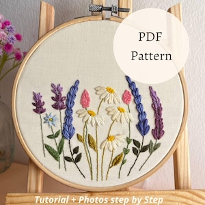 Modello PDF per ricamo margherite e lavanda – Bellissimo motivo floreale per cucito a mano fai da te