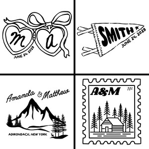 Könnte beinhalten: Ein schwarz-weißes Grafikdesign mit vier Feldern. Oben links: zwei Herzen mit Schleife, Buchstaben m und a sowie June 24, 2028. Oben rechts: ein Wimpel mit SMITH und June 24, 2028. Unten links: Berge, Bäume, Amanda & Matthew, ADIRONDACK, NEW YORK. Unten rechts: eine Briefmarke mit A&M, 10c, Hütte und Bäumen.