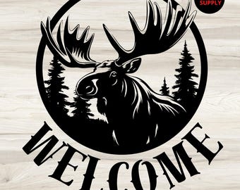 Welcome Moose Scene SVG – Moose and Tree Scene SVG – Moose Scene Silhouette - Wilderness Welcome Design - Moose Landscape Design
