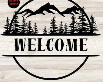 Welcome Mountain Scene SVG - Mountain and Tree Scene SVG - Mountain Scene Silhouette - Wilderness Welcome Design - Mountain Landscape Design