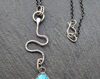 Handcrafted Sterling Silver Snake Necklace, Teardrop Turquoise Pendant