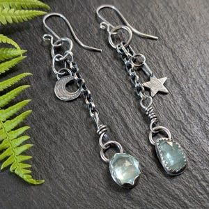Mismatched  kyanite earrings, star earrings, moon earrings, odd earrings, silver earrings,  celestial earrings,  blue earrings, aquamarine,