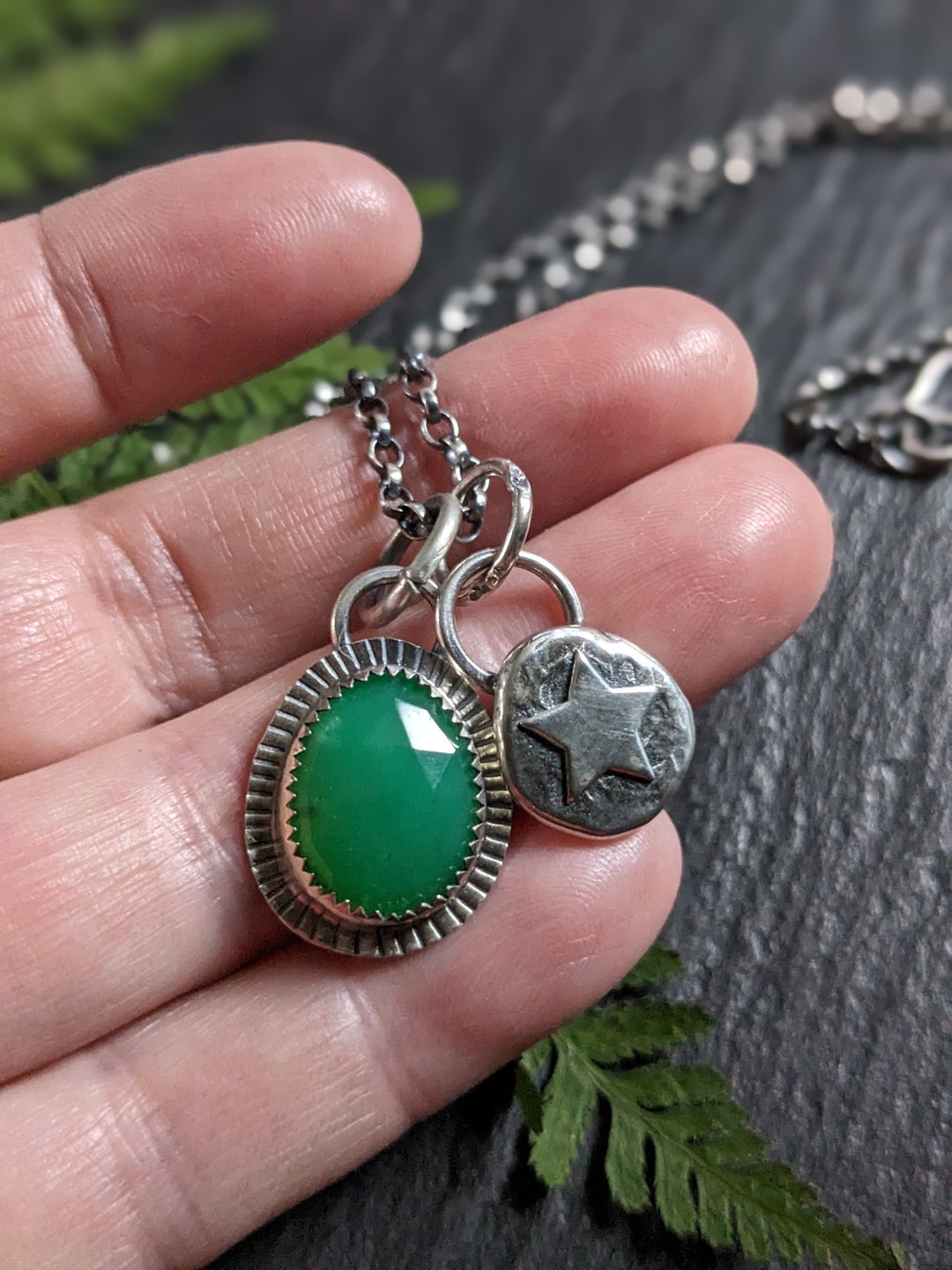 Chrysoprase Necklace, Pebble Necklace,green Pendant, Star Necklace ...