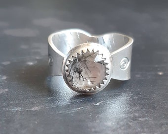 Rutile quartz sterling silver ring, black rutile quartz ring, boho ring, mandala stamped ring, unique ring size P1/2