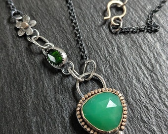 Chrysoprase Gemstone Pendant, Diopside Flower Necklace, Oxidized Silver